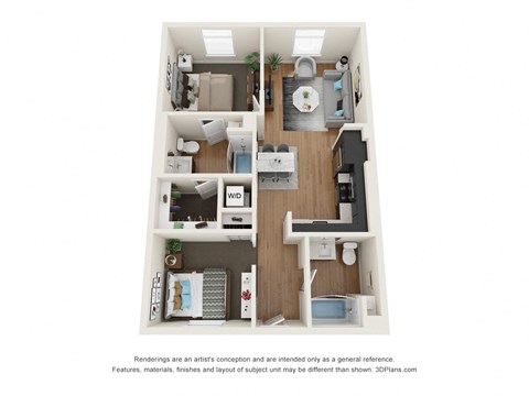 Floor plan for 2 beds, 2 baths, 953 sqft
